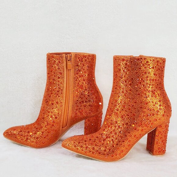 Berness Shoes - Crystel Orange Rhinestone Block Heel Ankle Boots